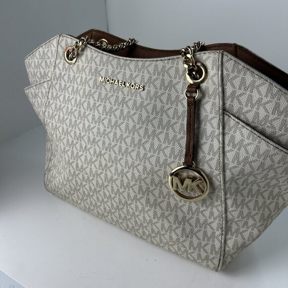 Michael Kors Jet Set Travel Large Chain Shoulder Tote Vanilla MK Signature *read - Picture 2 of 16